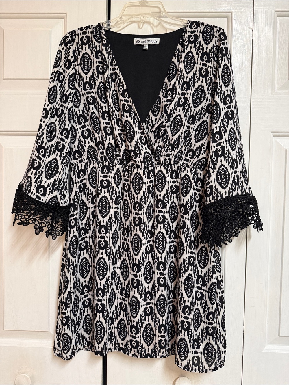 Almost Famous Black and White Crochet-Trim V-Neck Dress